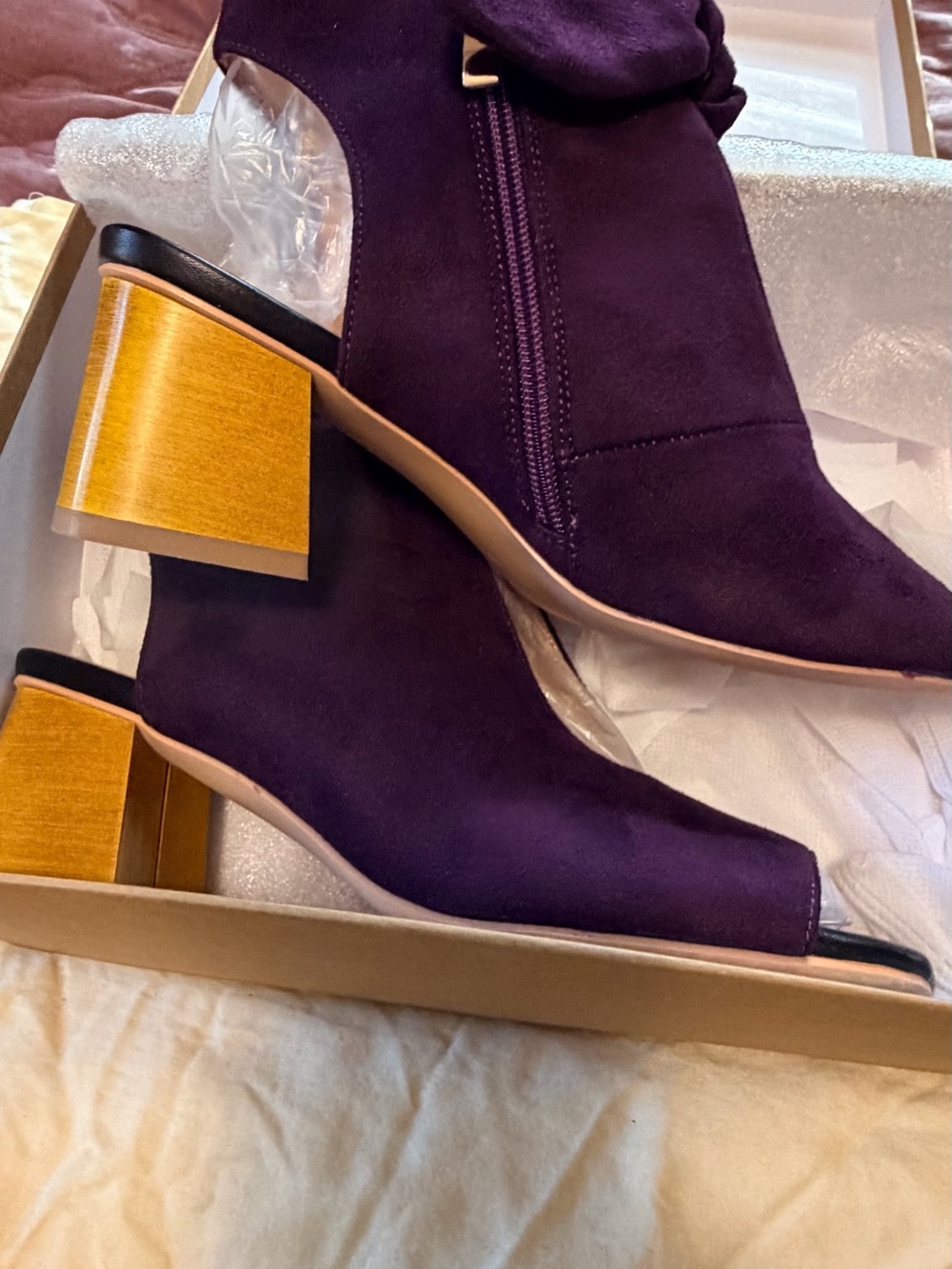 Purple Suede Peep-Toe Block Heel Ankle Boot